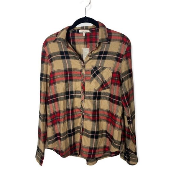 Maurices XS Plaid Flannel Button Down Shirt Tan Red NWT - Picture 2 of 4